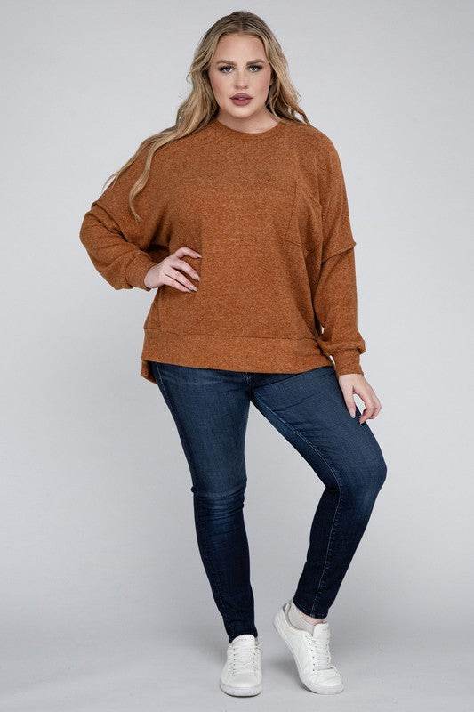 Zenana Plus Brushed Melange Drop Shoulder Sweater - Rosa Apparel