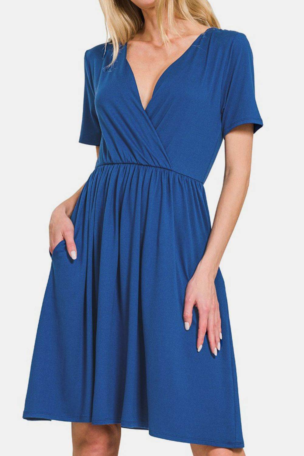 Zenana Surplice Short Sleeve Brushed DTY Dress - Rosa Apparel