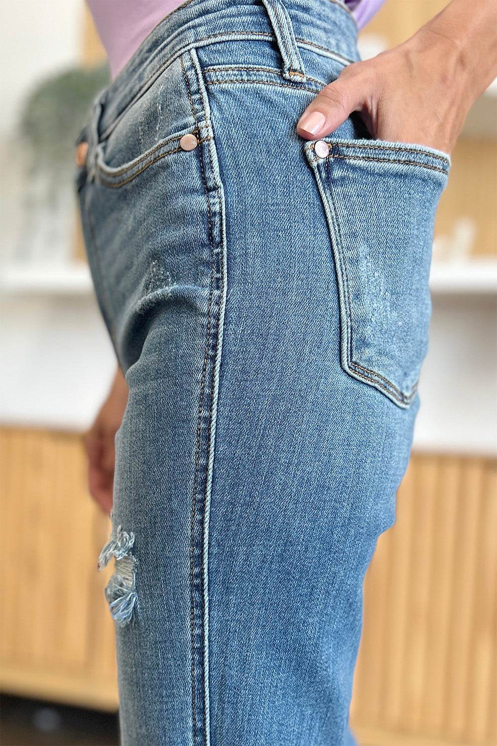 Judy Blue Full Size Distressed Casual Denim Raw Hem Bootcut Jeans Style #: 82542 - Rosa Apparel
