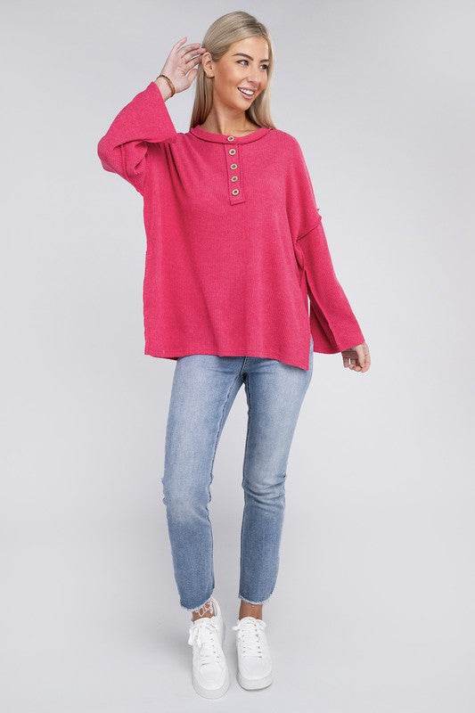 Zenana Ribbed Brushed Melange Hacci Henley Sweater - Rosa Apparel