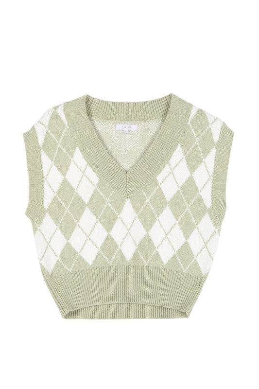 Lilou Knitted Argyle V-Neck Sleeveless Stretch Sweater Vest - Rosa Apparel