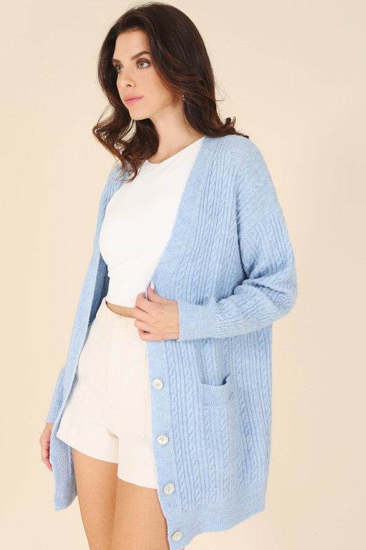 Lilou Wool Blended Cable V-Neck Long Sleeves Knitted Cardigan - Rosa Apparel