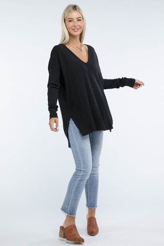 Zenana Hi-Low Hem Front Seam V-Neck Sweater - Rosa Apparel