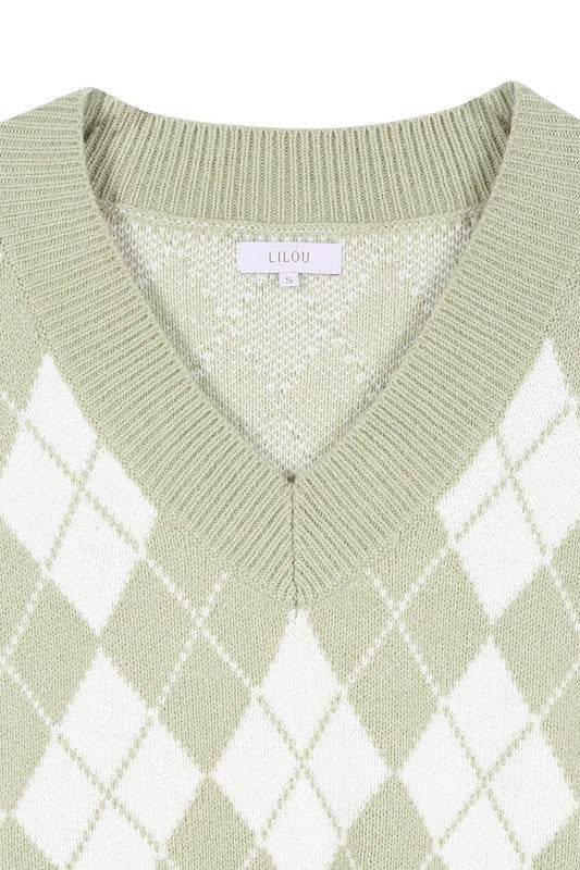 Lilou Knitted Argyle V-Neck Sleeveless Stretch Sweater Vest - Rosa Apparel