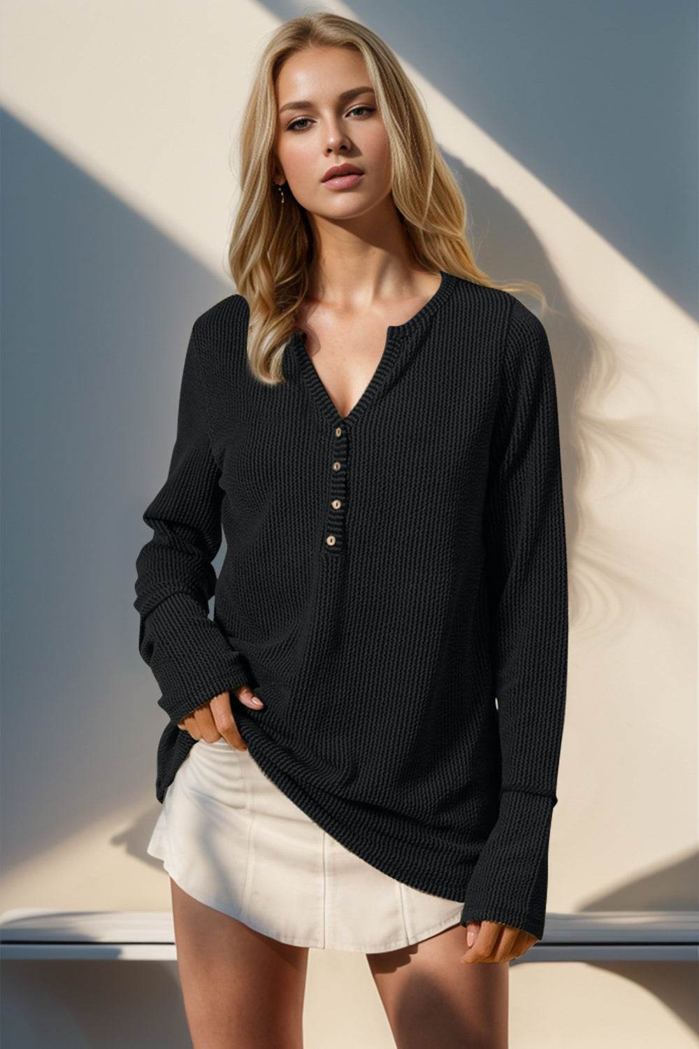 Double Take Full Size Notched Thumbhole Long Sleeve T-Shirt - Rosa Apparel