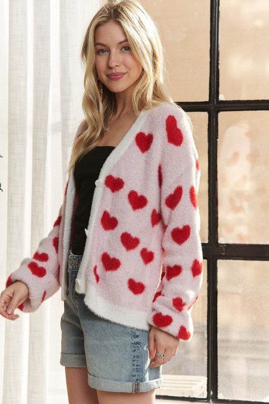 ADORA Fuzzy Heart Button Down Cardigan - Rosa Apparel