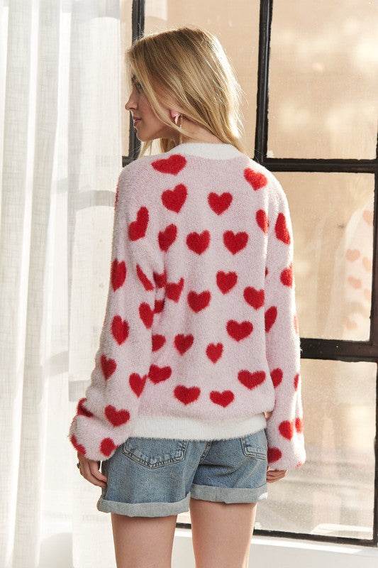 ADORA Fuzzy Heart Button Down Cardigan - Rosa Apparel