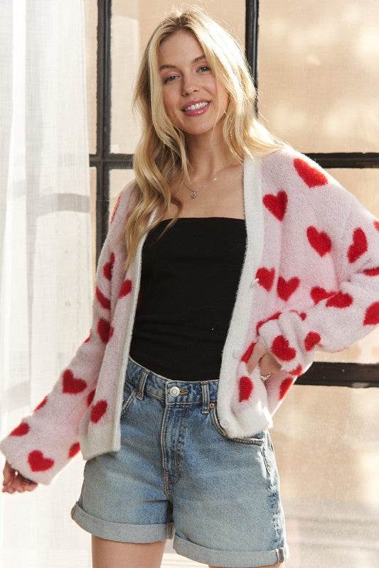ADORA Fuzzy Heart Button Down Cardigan - Rosa Apparel