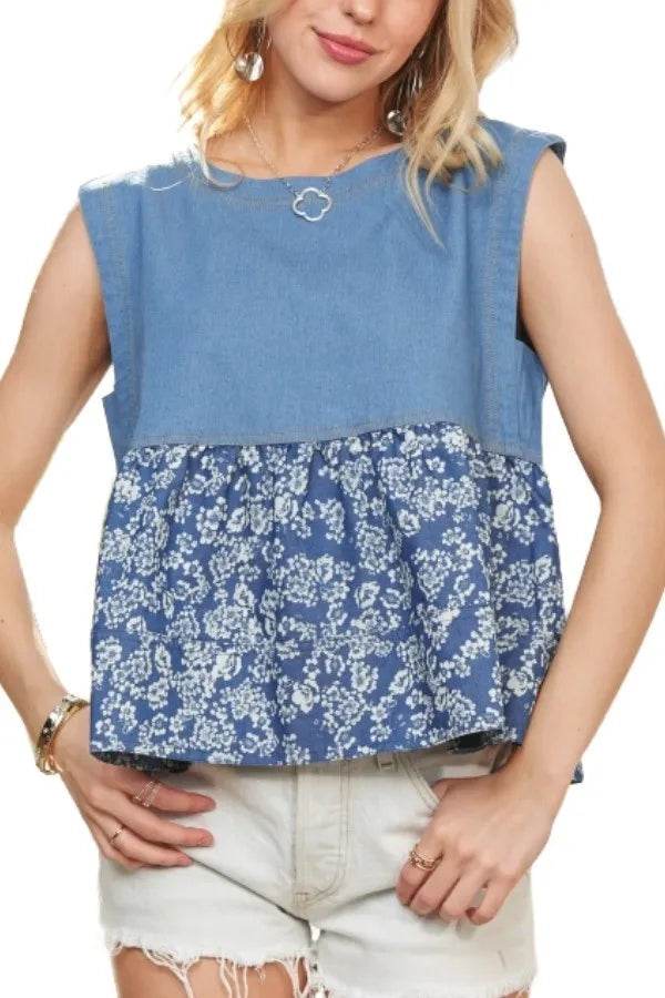 ADORA Sleeveless Denim Contrast Top - Rosa Apparel