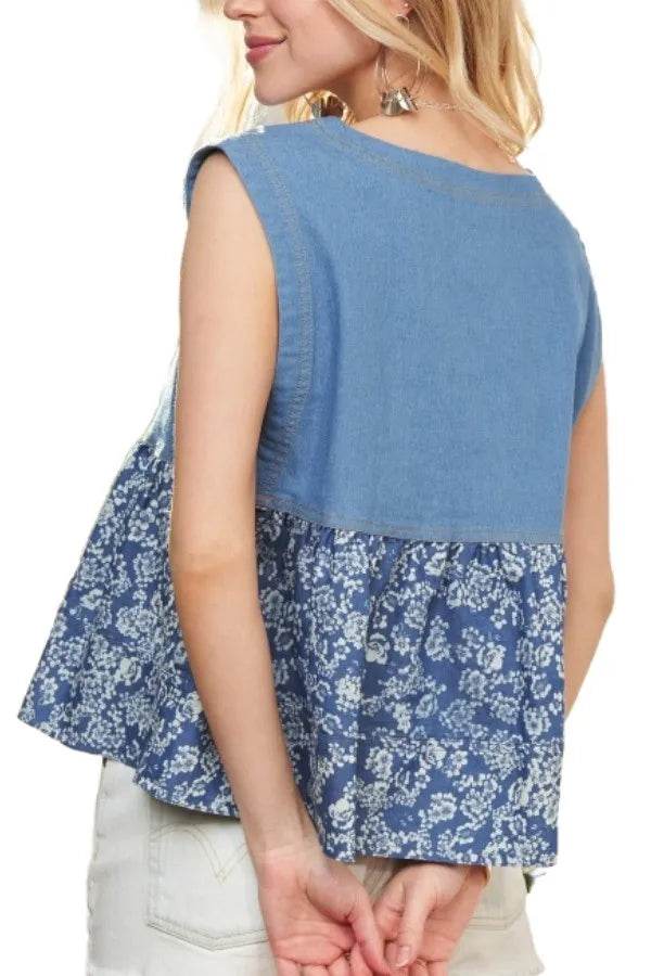 ADORA Sleeveless Denim Contrast Top - Rosa Apparel