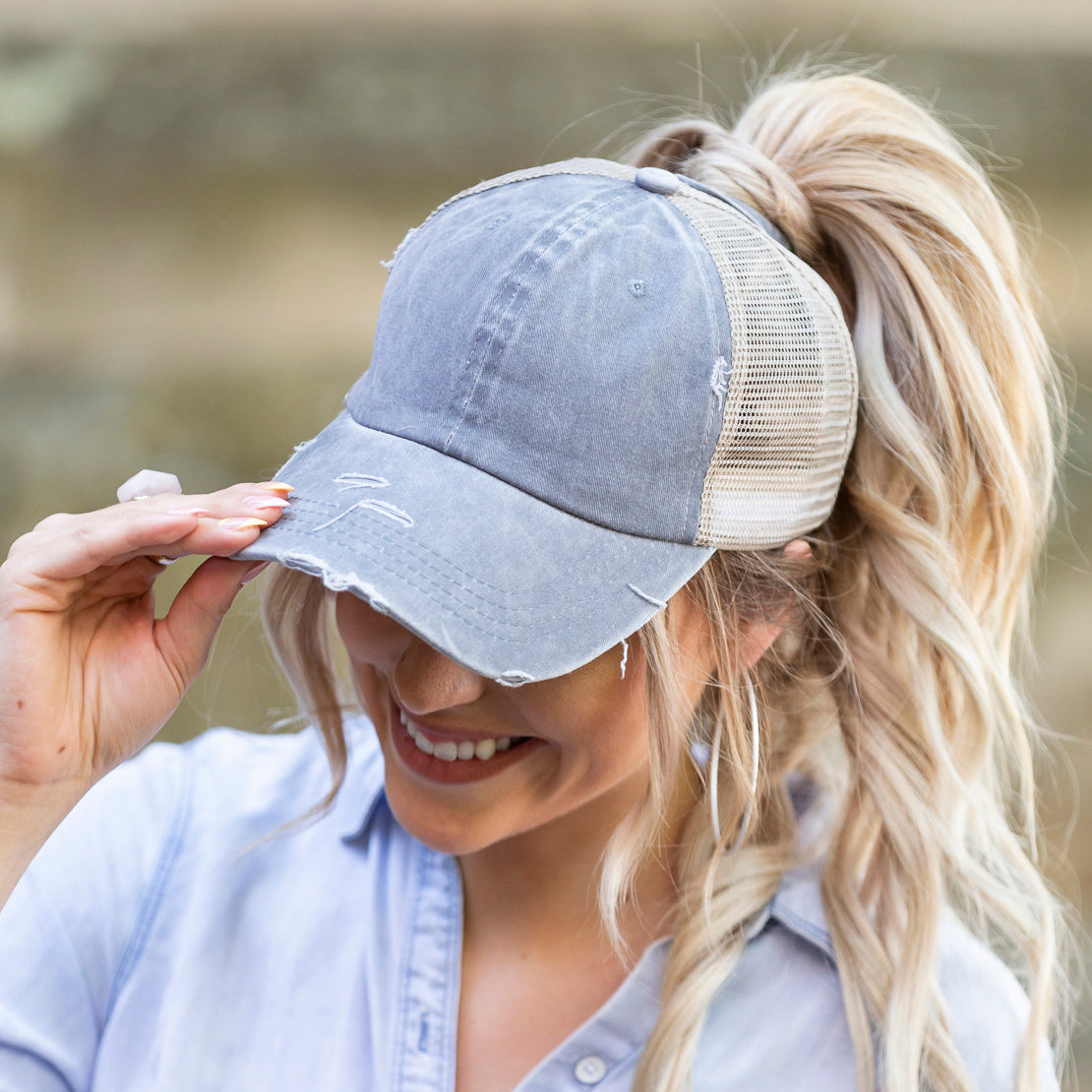Aili’s Distressed Messy Bun Hat Ponytail Baseball Cap Women