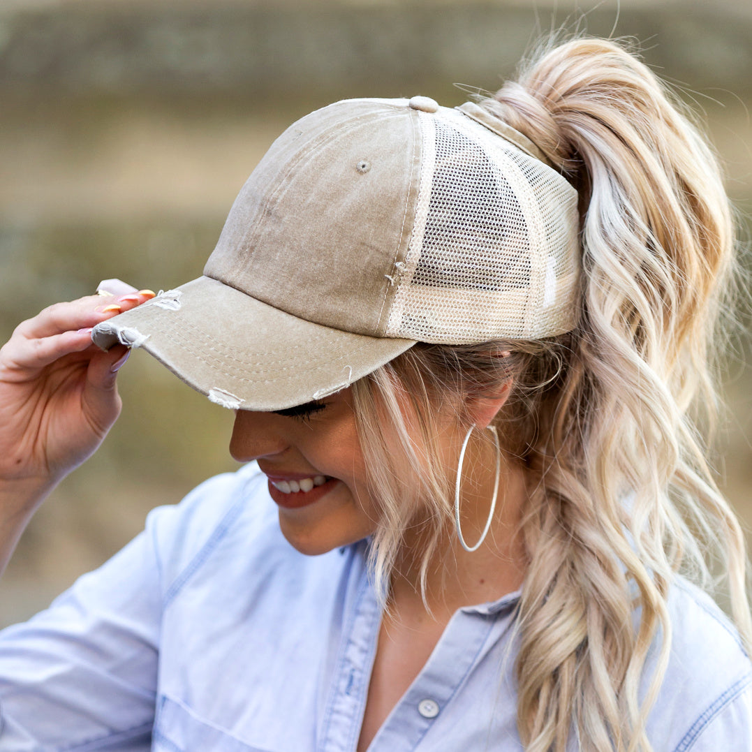 Aili’s Distressed Messy Bun Hat Ponytail Baseball Cap Women