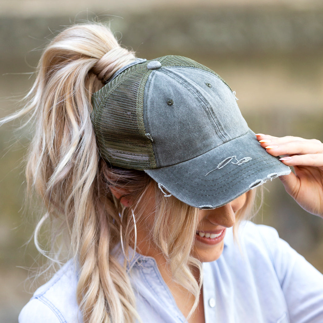 Aili’s Distressed Messy Bun Hat Ponytail Baseball Cap Women
