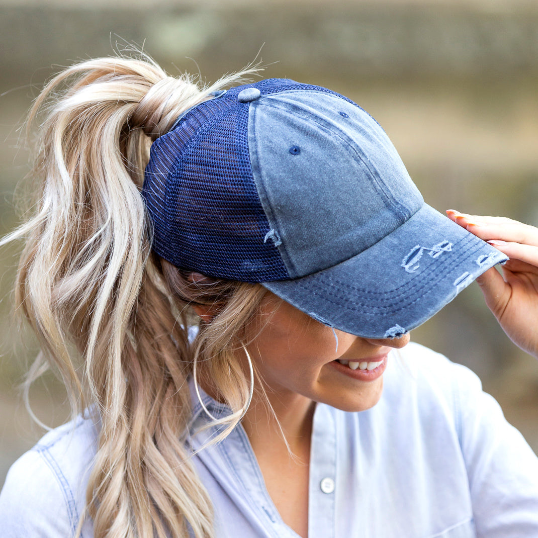 Aili’s Distressed Messy Bun Hat Ponytail Baseball Cap Women