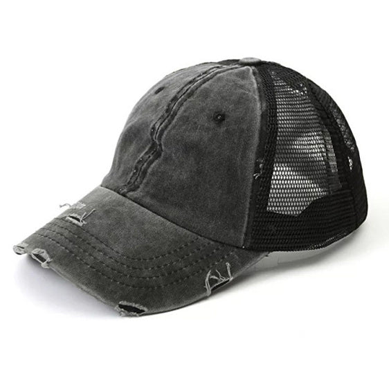 Aili’s Distressed Messy Bun Hat Ponytail Baseball Cap Women