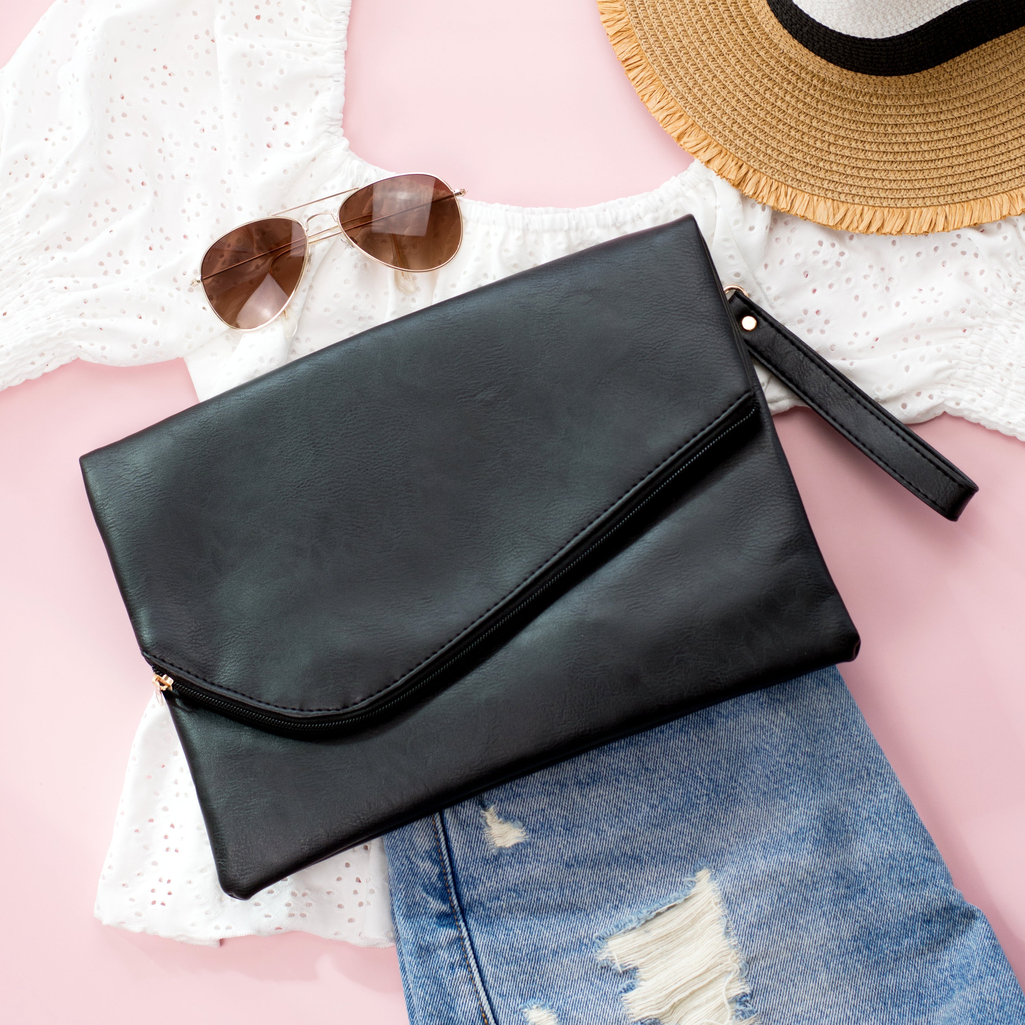 Aili’s Foldover Envelope Clutch Oversized Vegan Leather Wristlet Bag