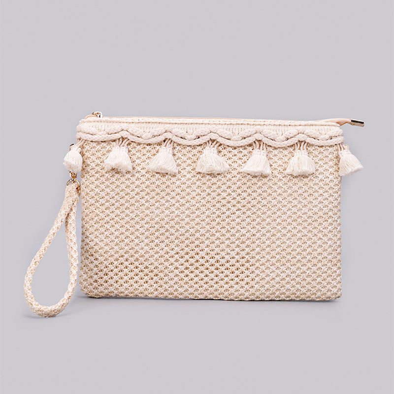 Aili’s Naya Crochet Tassel Clutch Boho Woven Wristlet Bag