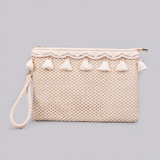 Aili’s Naya Crochet Tassel Clutch Boho Woven Wristlet Bag