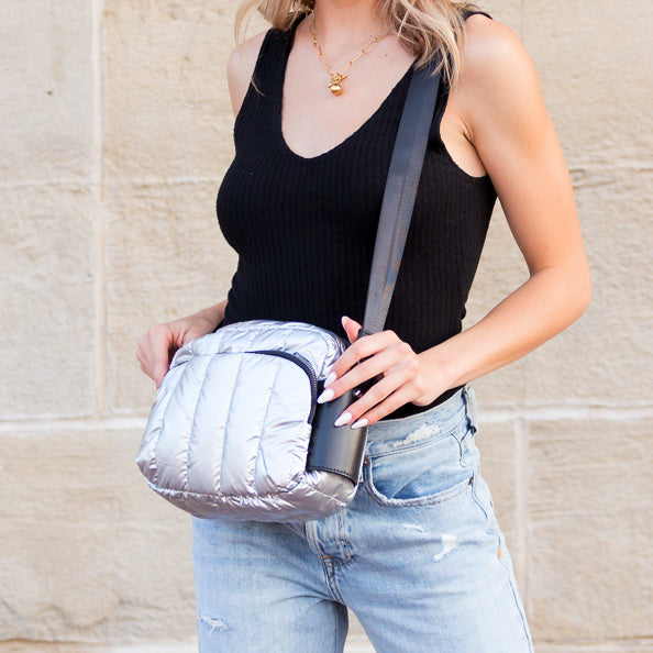 Aili’s River Metallic Puffer Crossbody Bag Adjustable Strap