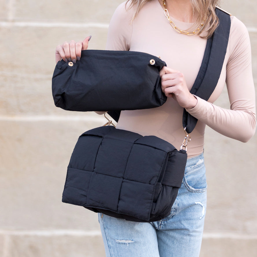 Aili’s Romy Foldover Puffer Crossbody Bag with Removable Zip Clutch