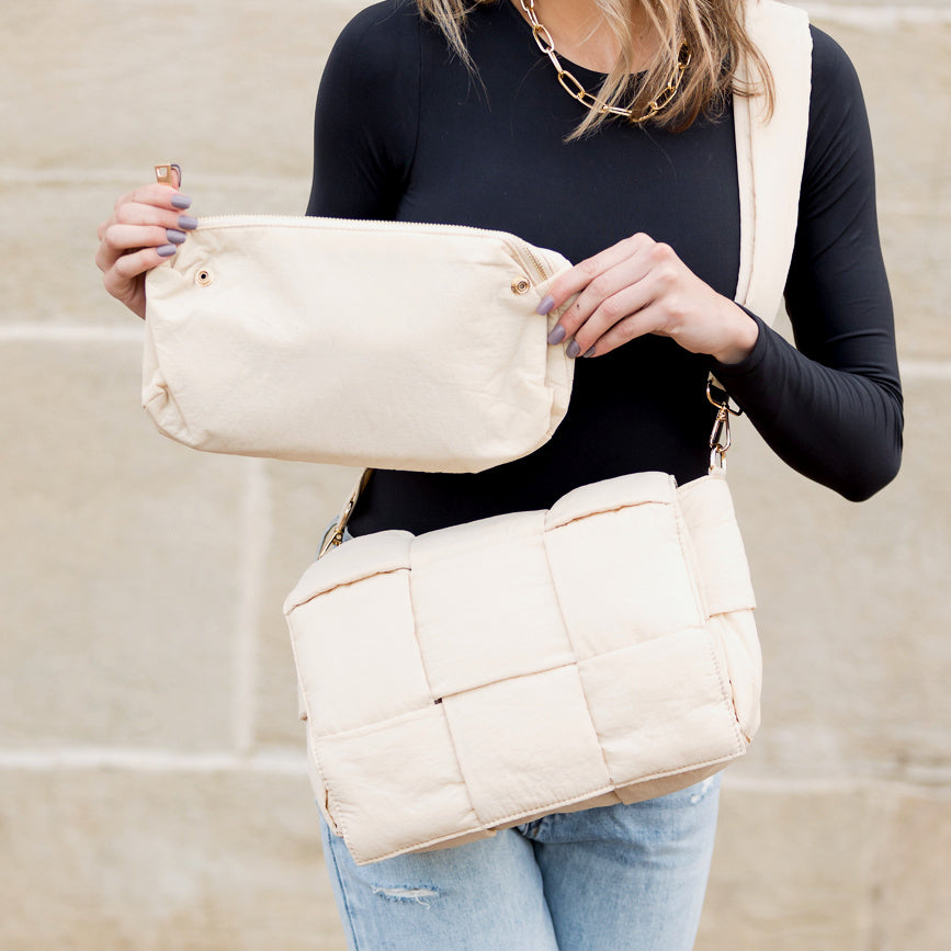 Aili’s Romy Foldover Puffer Crossbody Bag with Removable Zip Clutch