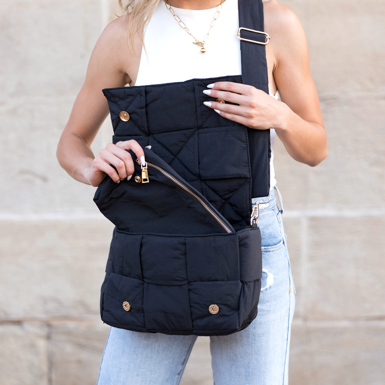 Aili’s Romy Foldover Puffer Crossbody Bag with Removable Zip Clutch