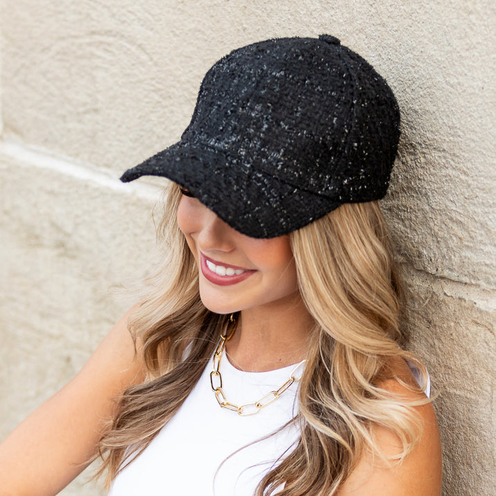 Aili’s Tweed Sparkle Baseball Cap Sequin Adjustable Women’s Hat
