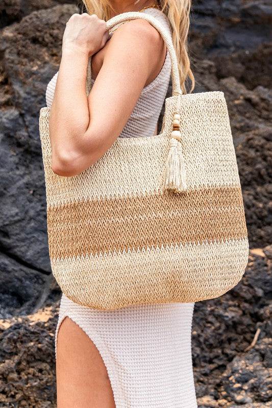 Aili's Corner Valeria Two-Tone Straw With Tassel Accent Tote - Rosa Apparel