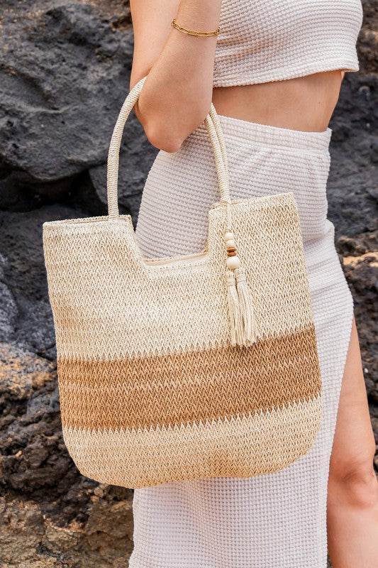 Aili's Corner Valeria Two-Tone Straw With Tassel Accent Tote - Rosa Apparel