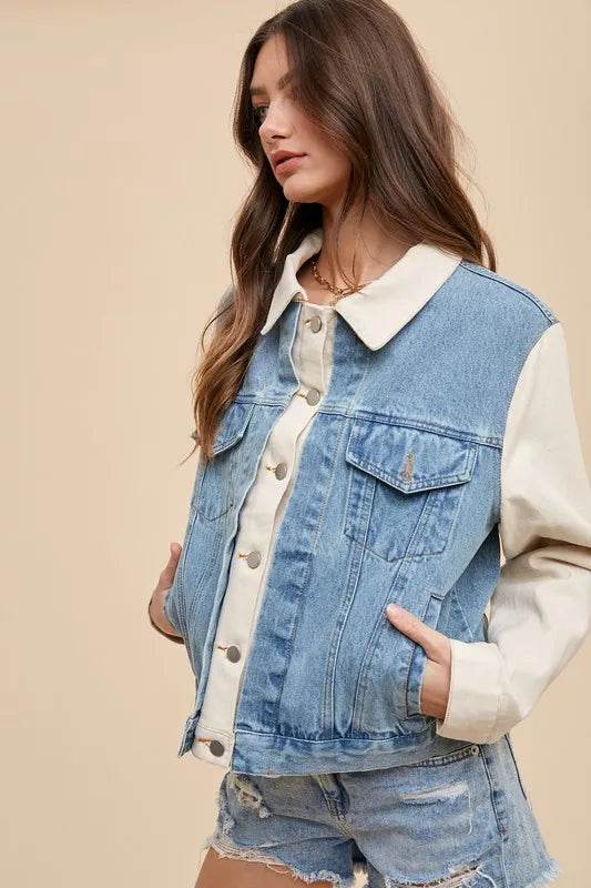 Amy Wear Collared Neck Double Placket Denim Jacket - Rosa Apparel