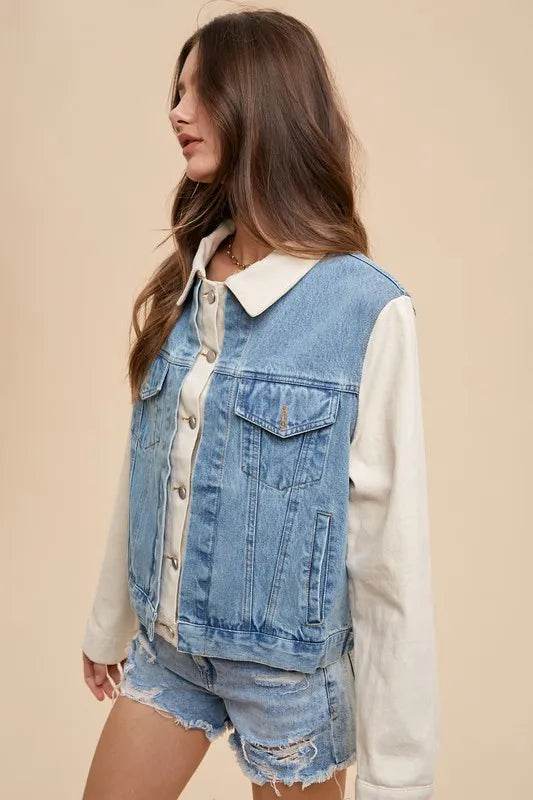 Amy Wear Collared Neck Double Placket Denim Jacket - Rosa Apparel