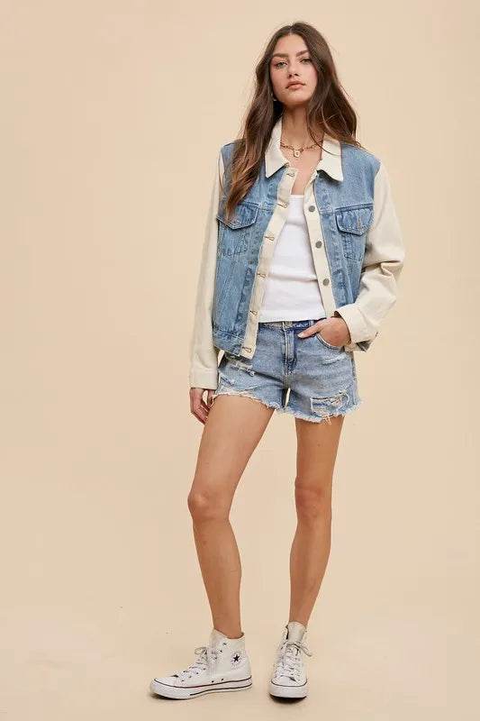 Amy Wear Collared Neck Double Placket Denim Jacket - Rosa Apparel