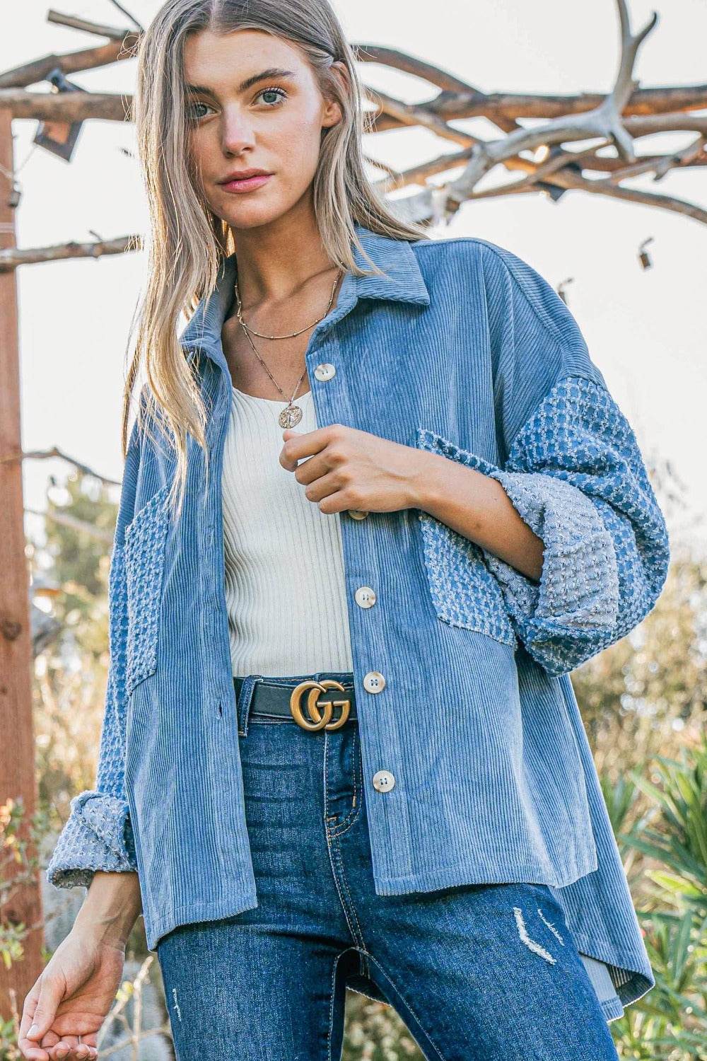 And The Why Button Down Corduroy Contrast Texture Long Sleeve Shacket - Rosa Apparel