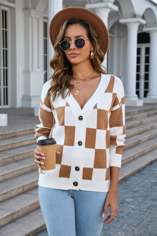 Angel Wings Button-Up V-Neck Dropped Shoulder Cardigan - Rosa Apparel