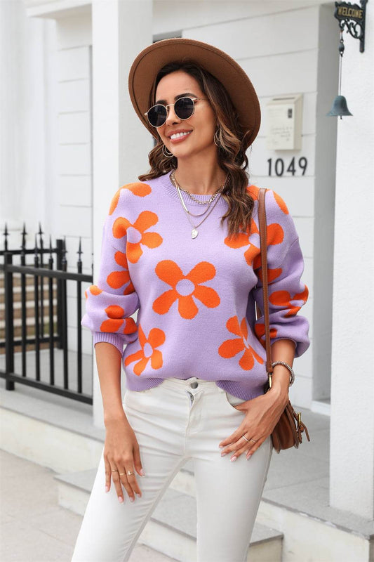 Angel Wings Floral Print Round Neck Dropped Shoulder Pullover Sweater - Rosa Apparel