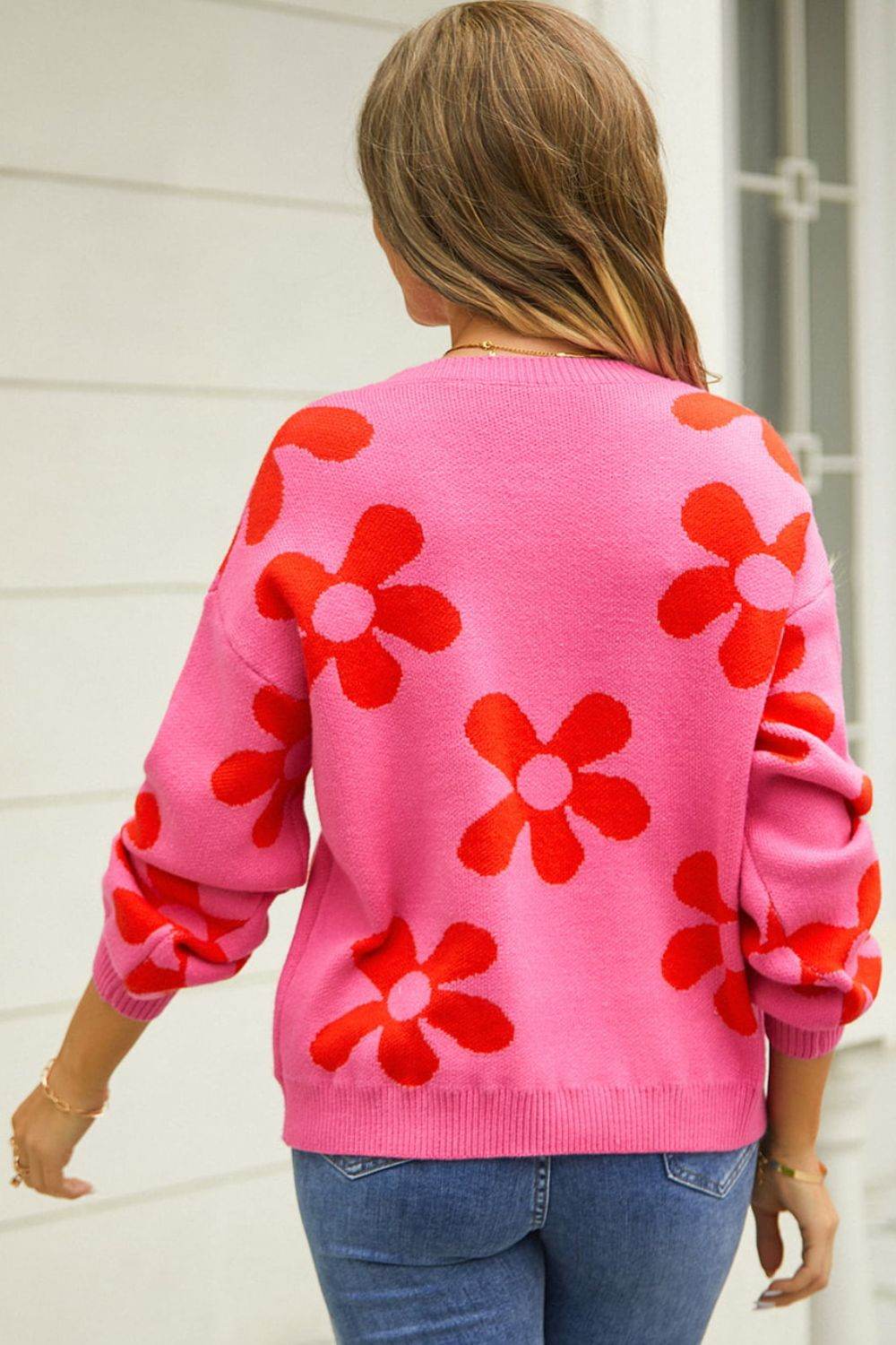 Angel Wings Floral Print Round Neck Dropped Shoulder Pullover Sweater - Rosa Apparel
