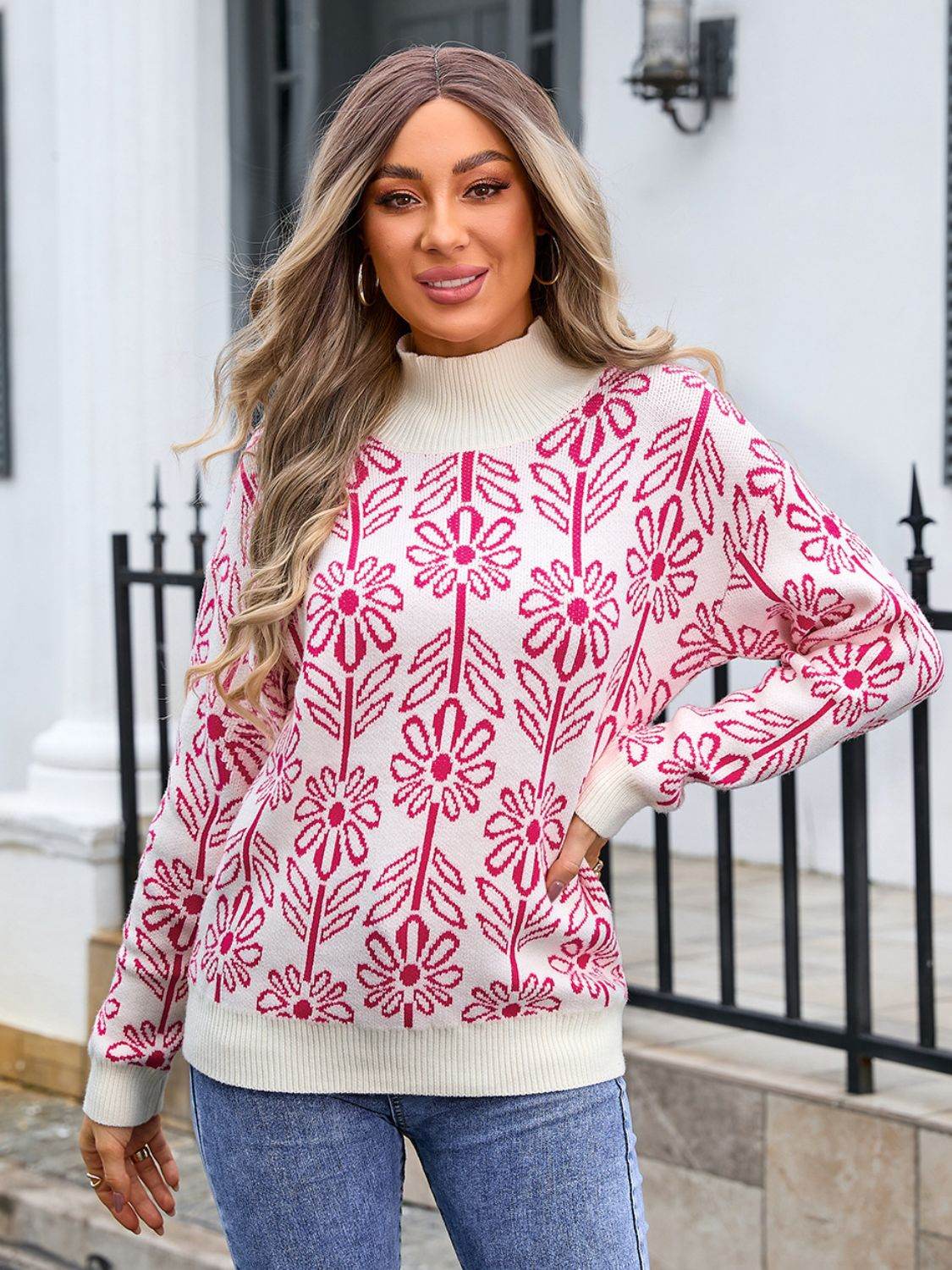 Angel Wings Flower Turtleneck Long Sleeve Sweater - Rosa Apparel