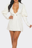 Athina Ivory Puff Sleeve Blazer Deep V-Neck Mini Dress - Rosa Apparel