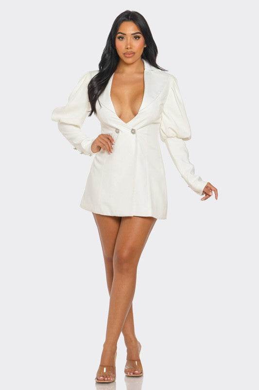 Athina Ivory Puff Sleeve Blazer Deep V-Neck Mini Dress - Rosa Apparel
