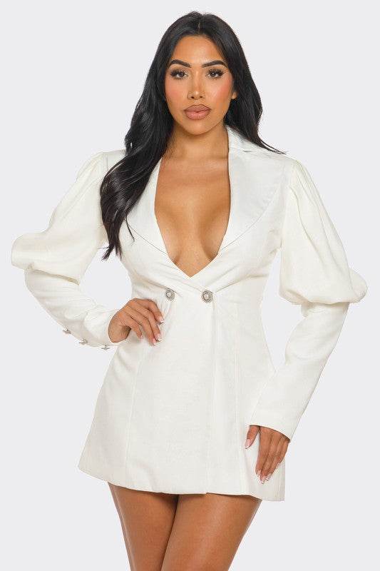 Athina Ivory Puff Sleeve Blazer Deep V-Neck Mini Dress - Rosa Apparel