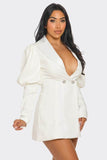 Athina Ivory Puff Sleeve Blazer Deep V-Neck Mini Dress - Rosa Apparel