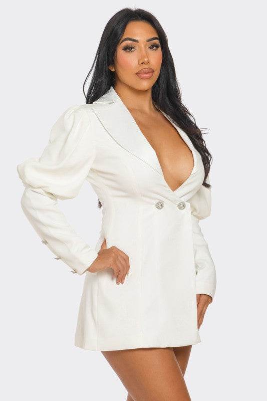 Athina Ivory Puff Sleeve Blazer Deep V-Neck Mini Dress - Rosa Apparel