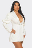 Athina Ivory Puff Sleeve Blazer Deep V-Neck Mini Dress - Rosa Apparel