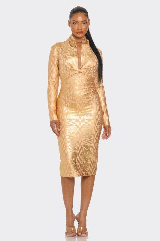 Athina Metallic Zigzag Holiday Bandage Midi Dress - Rosa Apparel