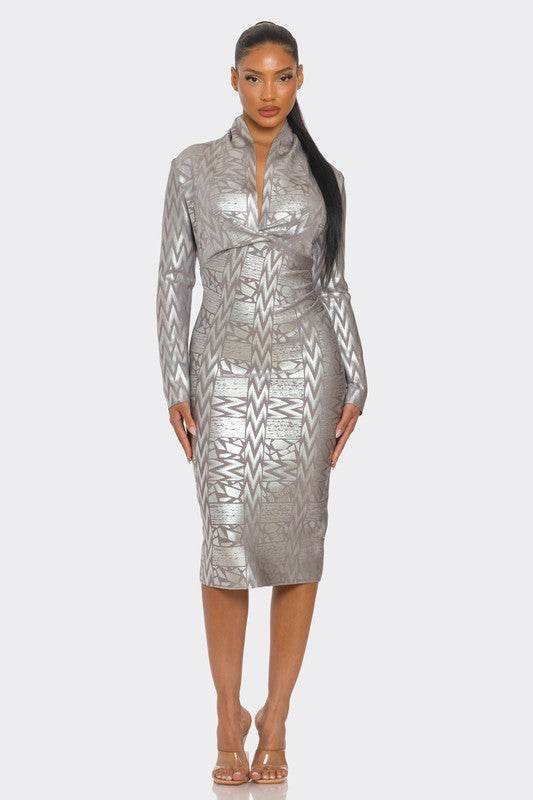 Athina Metallic Zigzag Holiday Bandage Midi Dress - Rosa Apparel