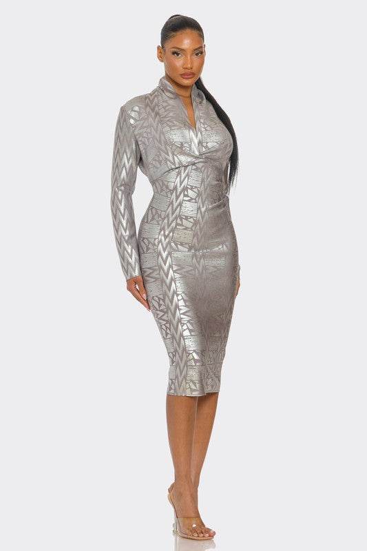 Athina Metallic Zigzag Holiday Bandage Midi Dress - Rosa Apparel