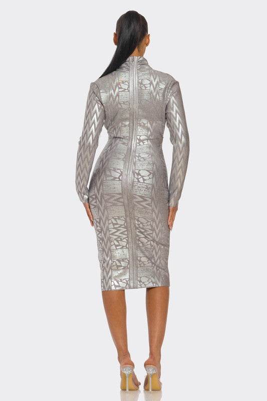 Athina Metallic Zigzag Holiday Bandage Midi Dress - Rosa Apparel