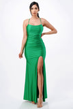 Back lace up mermaid dress with waist shirring and open slit