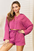 Basic Bae Buttoned Long Sleeve Top and Shorts Set - Rosa Apparel