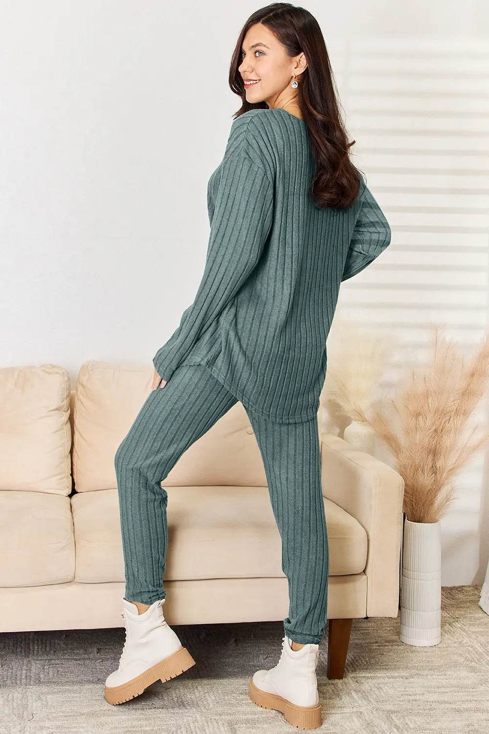 Basic Bae Full Size Notched Long Sleeve Top and Pants Set - Rosa Apparel